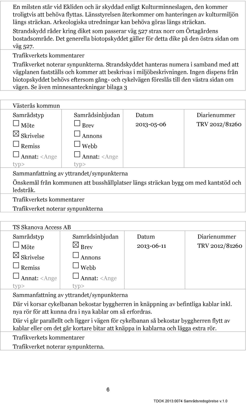 Det generella biotopskyddet gäller för detta dike på den östra sidan om väg 527. Trafikverket noterar synpunkterna.