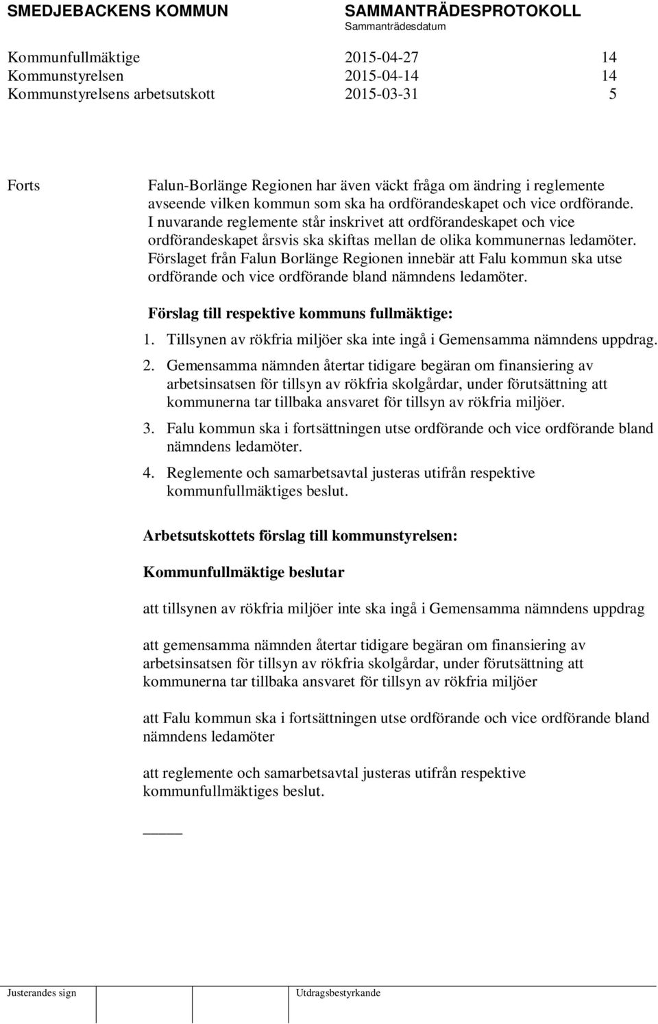 Förslaget från Falun Borlänge Regionen innebär att Falu kommun ska utse ordförande och vice ordförande bland nämndens ledamöter. Förslag till respektive kommuns fullmäktige: 1.