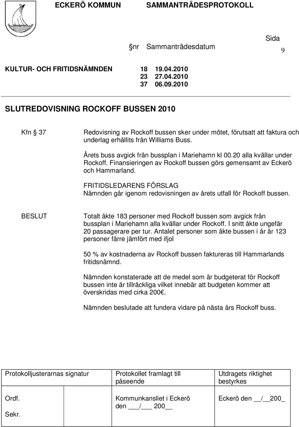 Årets buss avgick från bussplan i Mariehamn kl 00.20 alla kvällar under Rockoff. Finansieringen av Rockoff bussen görs gemensamt av Eckerö och Hammarland.