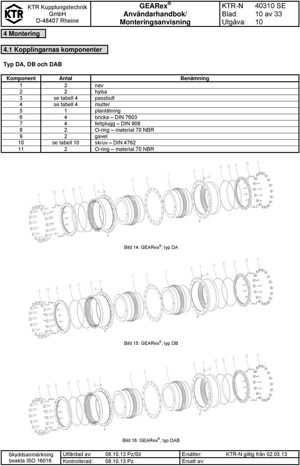 4 se tabell 4 mutter 5 1 plantätning 6 4 bricka DIN 7603 7 4 fettplugg DIN 908 8 2 O-ring material 70 NBR 9 2