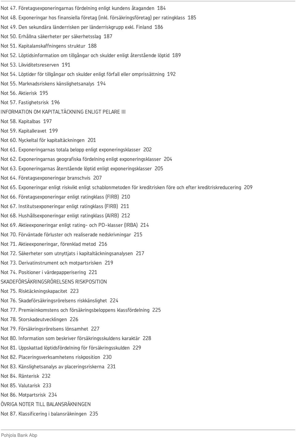 Löptidsinformation om tillgångar och skulder enligt återstående löptid 189 Not 53. Likviditetsreserven 191 Not 54. Löptider för tillgångar och skulder enligt förfall eller omprissättning 192 Not 55.