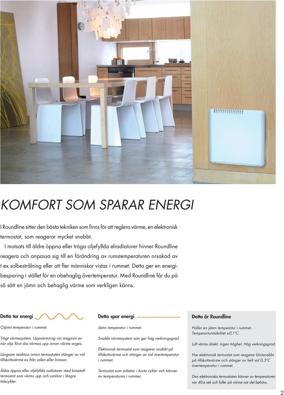 vistas i rum met. Detta ger en energibesparing i stället för en obehaglig övertemperatur. Med Roundline får du på så sätt en jämn och behaglig värme som verkligen känns.