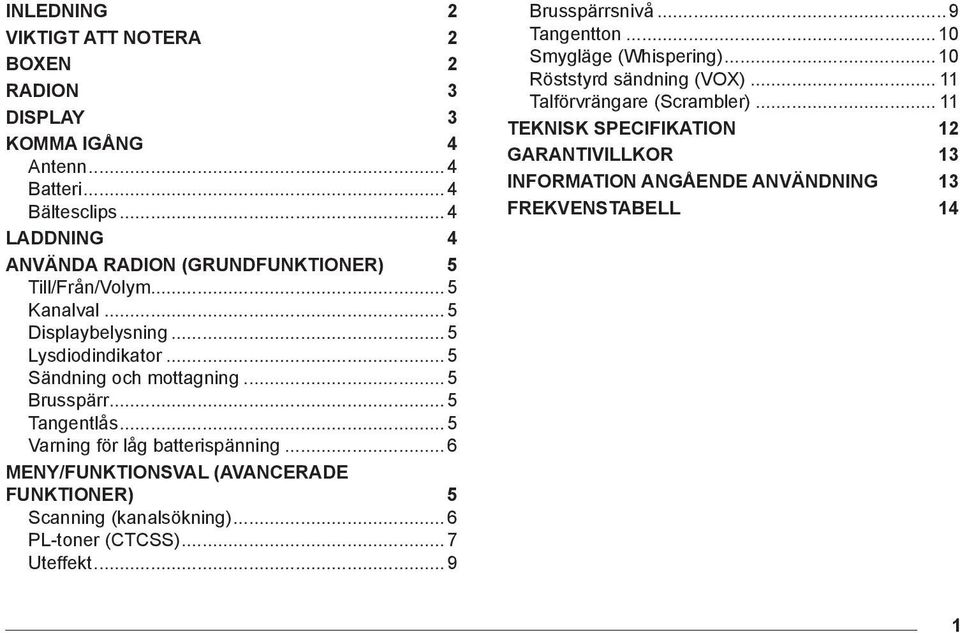 ..5 Tangentlås...5 Varning för låg batterispänning...6 Meny/Funktionsval (Avancerade funktioner) 5 Scanning (kanalsökning)...6 PL-toner (CTCSS)...7 Uteffekt.