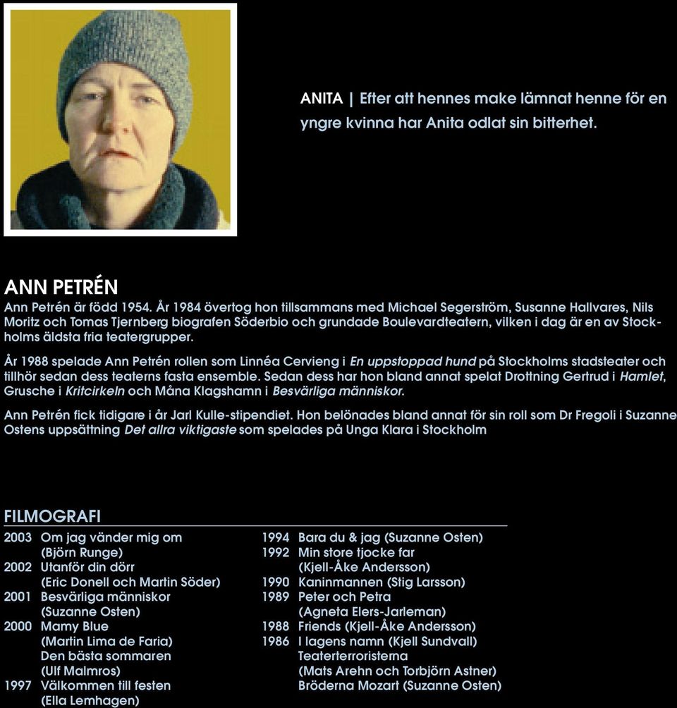 fria teatergrupper. År 1988 spelade Ann Petrén rollen som Linnéa Cervieng i En uppstoppad hund på Stockholms stadsteater och tillhör sedan dess teaterns fasta ensemble.