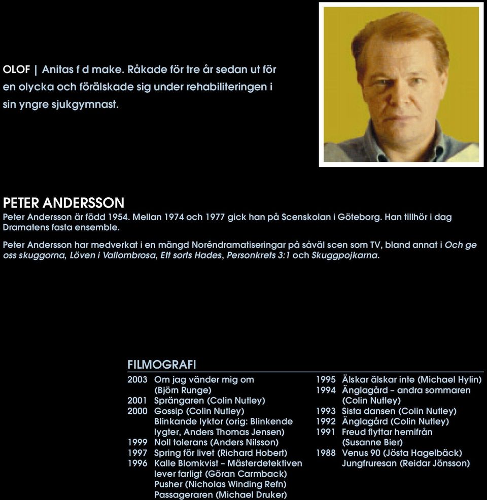 Peter Andersson har medverkat i en mängd Noréndramatiseringar på såväl scen som TV, bland annat i Och ge oss skuggorna, Löven i Vallombrosa, Ett sorts Hades, Personkrets 3:1 och Skuggpojkarna.