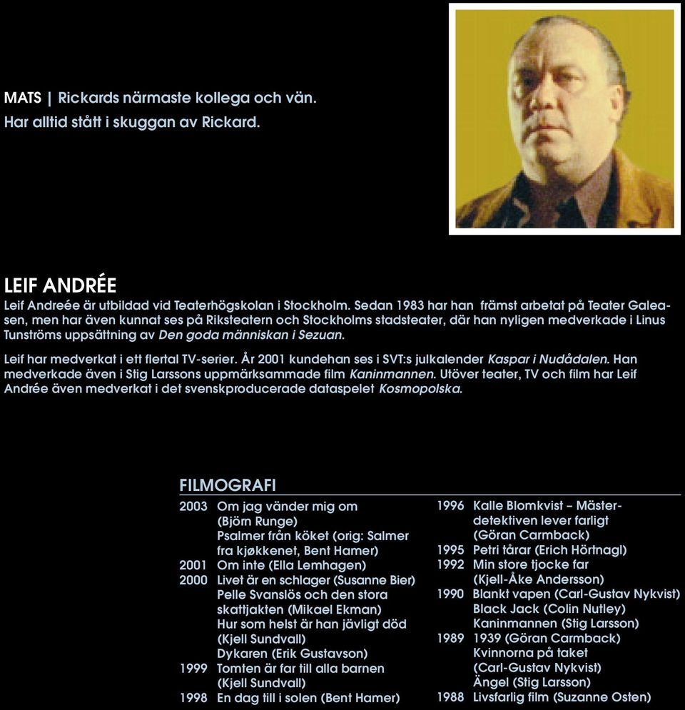 i Sezuan. Leif har medverkat i ett flertal TV-serier. År 2001 kundehan ses i SVT:s julkalender Kaspar i Nudådalen. Han medverkade även i Stig Larssons uppmärksammade film Kaninmannen.