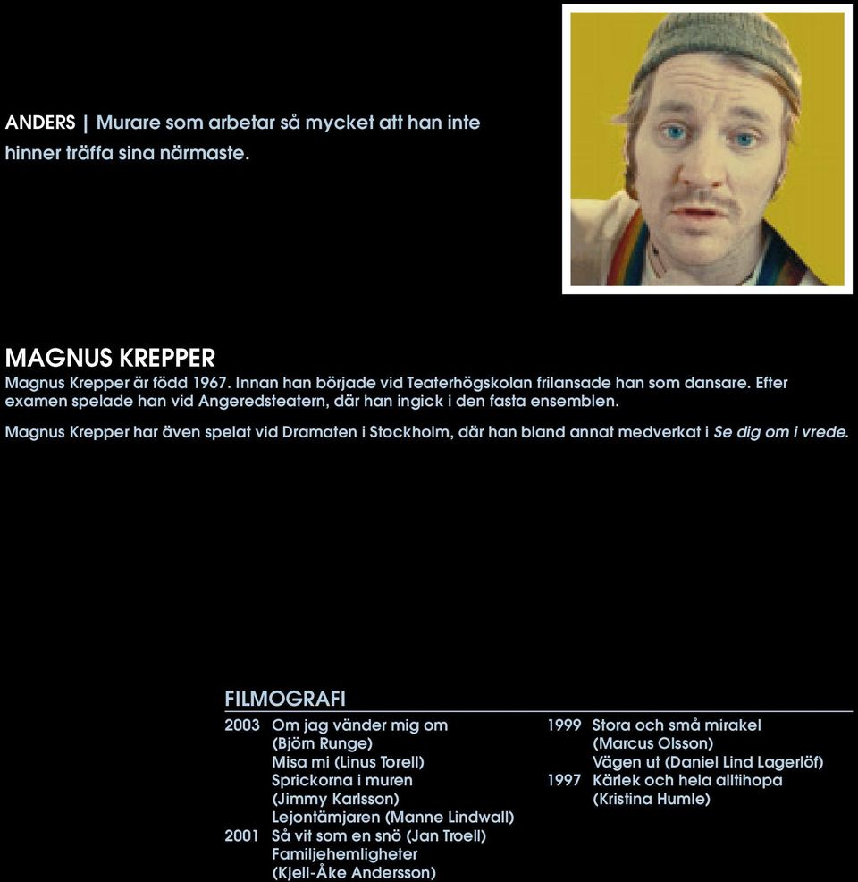 Magnus Krepper har även spelat vid Dramaten i Stockholm, där han bland annat medverkat i Se dig om i vrede.