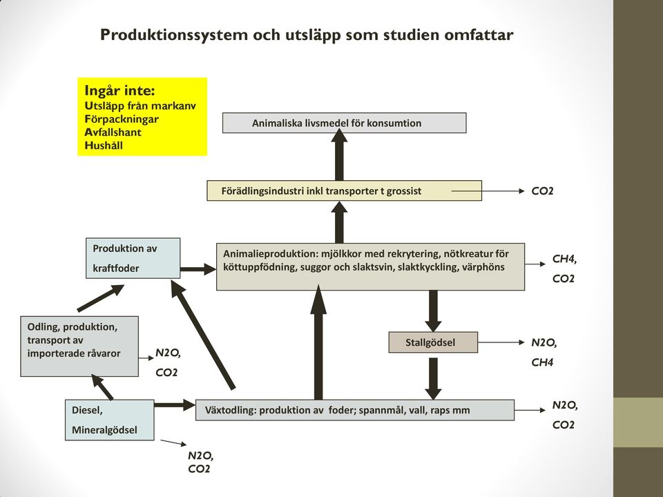 rekrytering, nötkreatur för köttuppfödning, suggor och slaktsvin, slaktkyckling, värphöns CH4, CO2 Odling, produktion, transport av