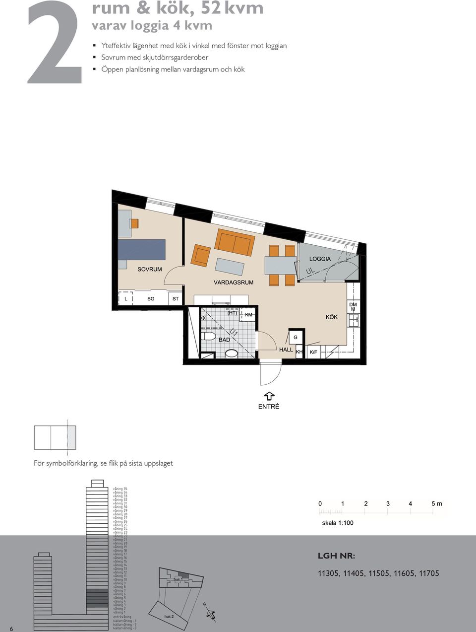 kök i vinkel med fönster mot loggian rum & kök, 5 m² varav loggia m² Yteffektiv lägenhet med kök i vinkel med fönster mot loggian Sovrum med skjutdörrsgarderober Öppen planlösning mellan vardagsrum