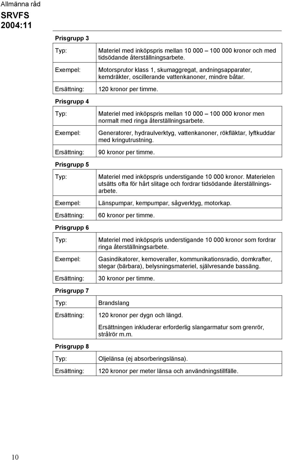 Prisgrupp 4 Typ: Exempel: Ersättning: Materiel med inköpspris mellan 10 000 100 000 kronor men normalt med ringa återställningsarbete.