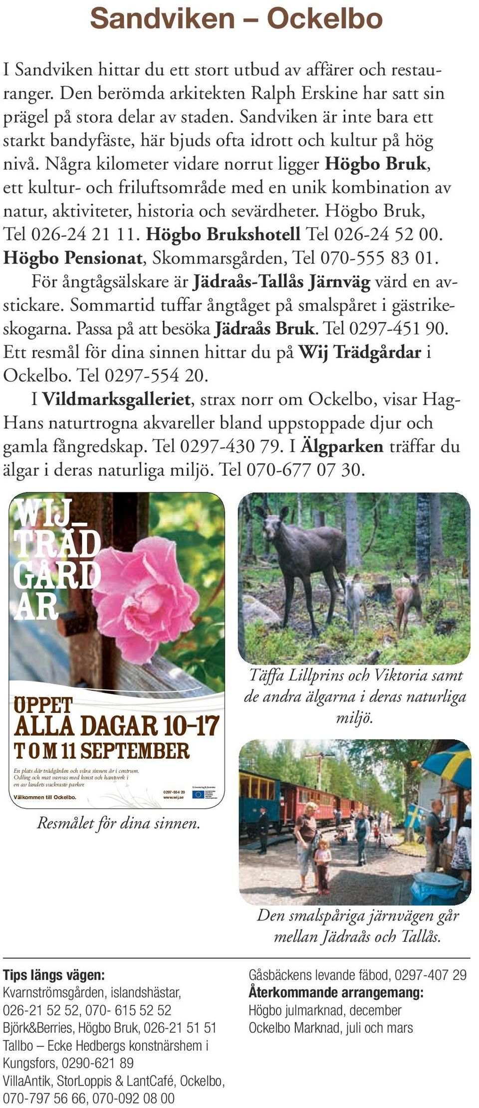 Några kilometer vidare norrut ligger Högbo Bruk, ett kultur- och friluftsområde med en unik kombination av natur, aktiviteter, historia och sevärdheter. Högbo Bruk, Tel 026-24 21 11.