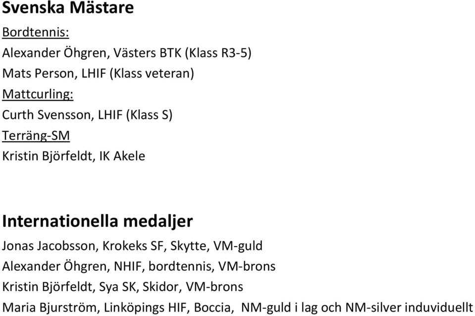 medaljer Jonas Jacobsson, Krokeks SF, Skytte, VM-guld Alexander Öhgren, NHIF, bordtennis, VM-brons Kristin