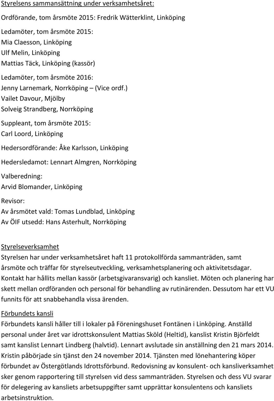 ) Vailet Davour, Mjölby Solveig Strandberg, Norrköping Suppleant, tom årsmöte 2015: Carl Loord, Linköping Hedersordförande: Åke Karlsson, Linköping Hedersledamot: Lennart Almgren, Norrköping