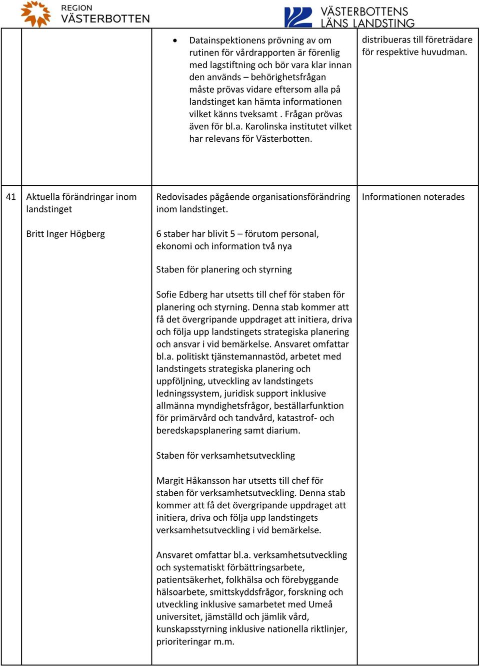 41 Aktuella förändringar inom landstinget Britt Inger Högberg Redovisades pågående organisationsförändring inom landstinget.