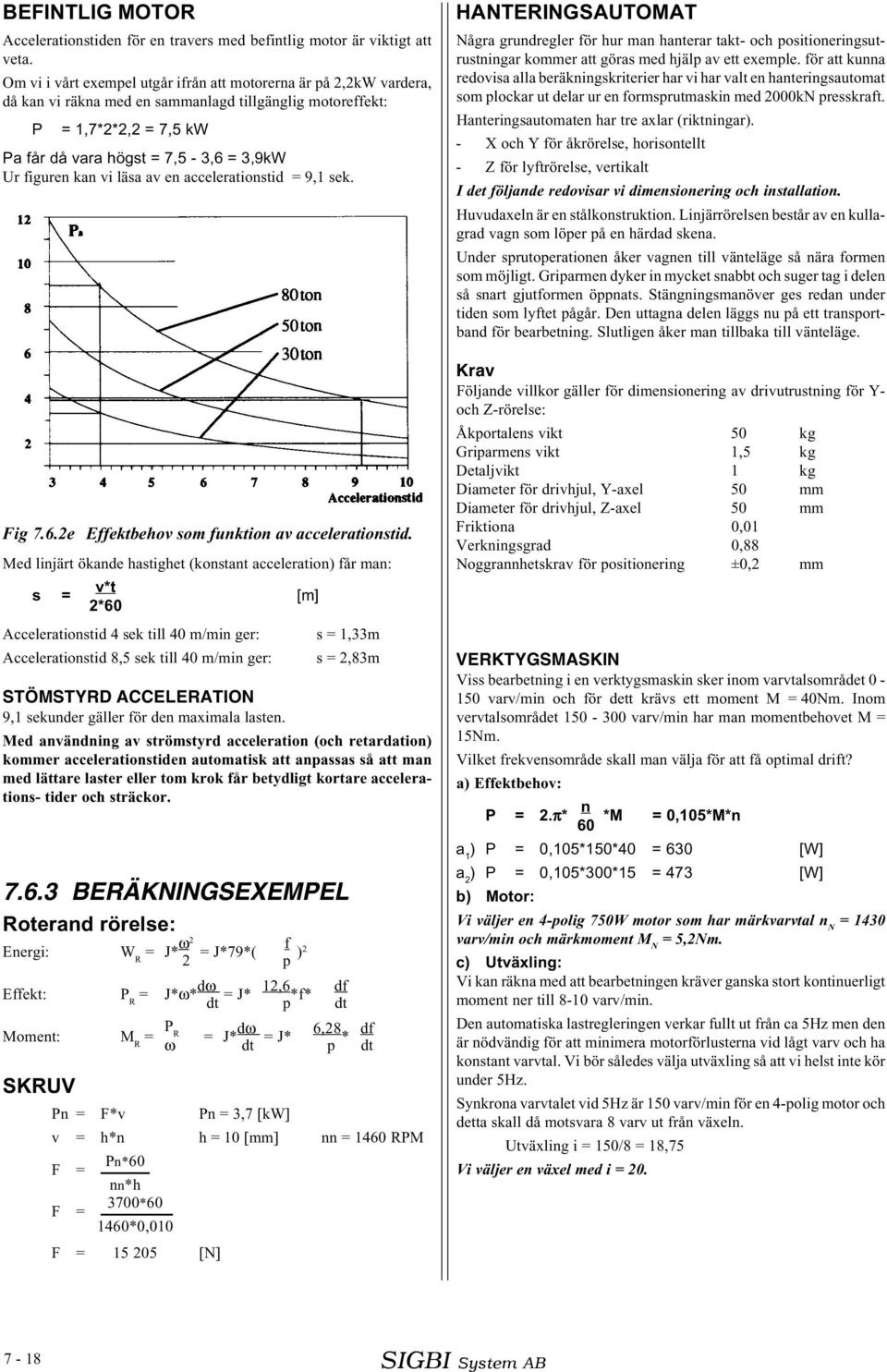 kan vi läsa av en accelerationstid = 9,1 sek. Fig 7.6.2e Effektbehov som funktion av accelerationstid.