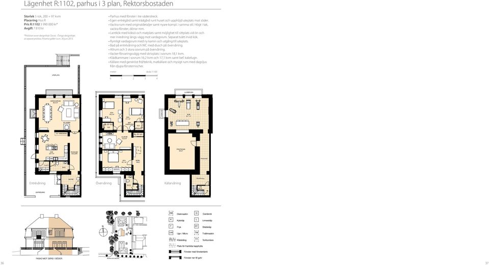 till sittplats vid ön och mer inredning längs Placering Hus Egen entrégård mot vardagsrum. Separat tvätt invid kök. samt trädgård runt huset och upphöjd uteplats mot söder.