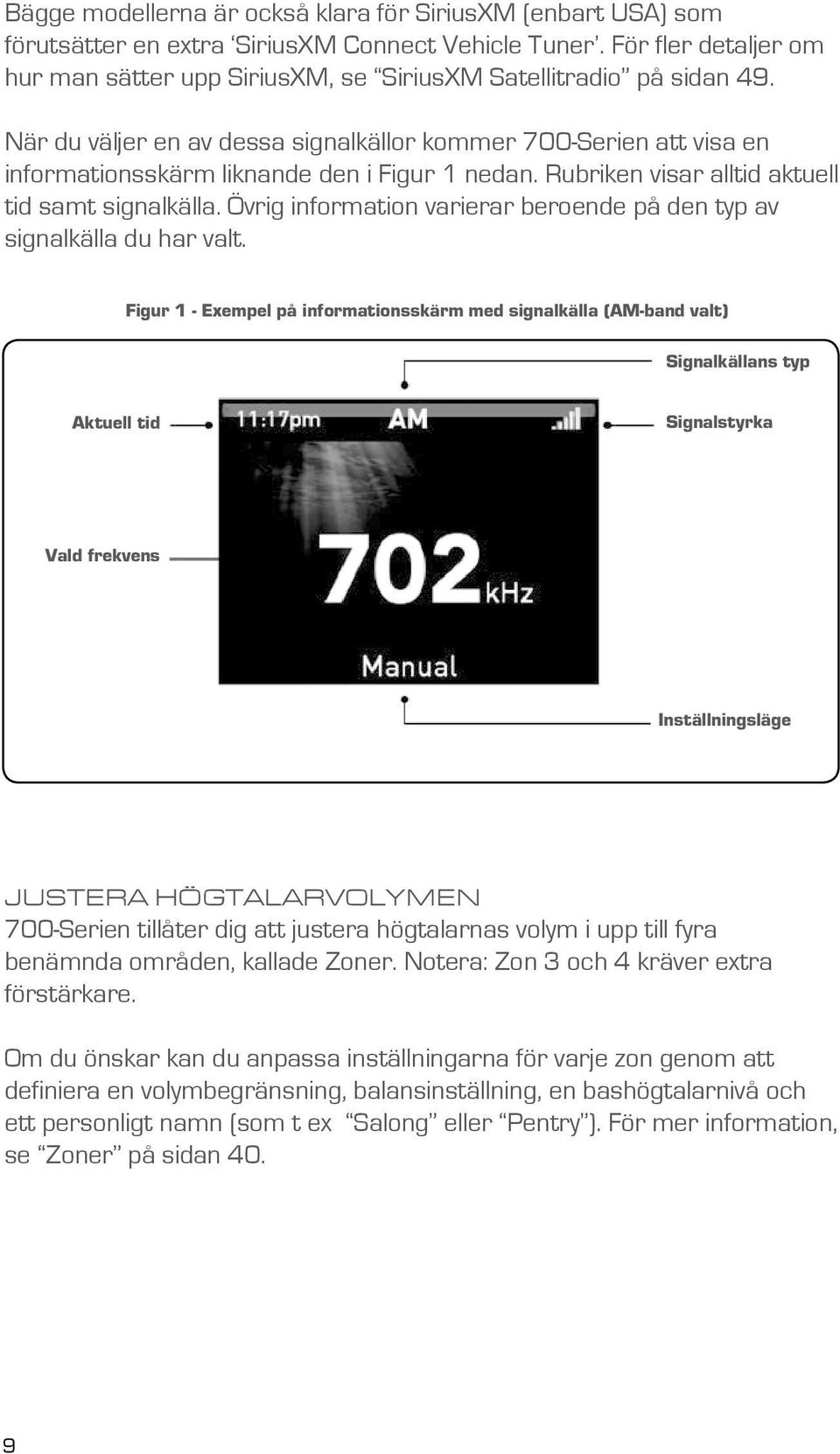 När du väljer en av dessa signalkällor kommer 700-Serien att visa en informationsskärm liknande den i Figur 1 nedan. Rubriken visar alltid aktuell tid samt signalkälla.