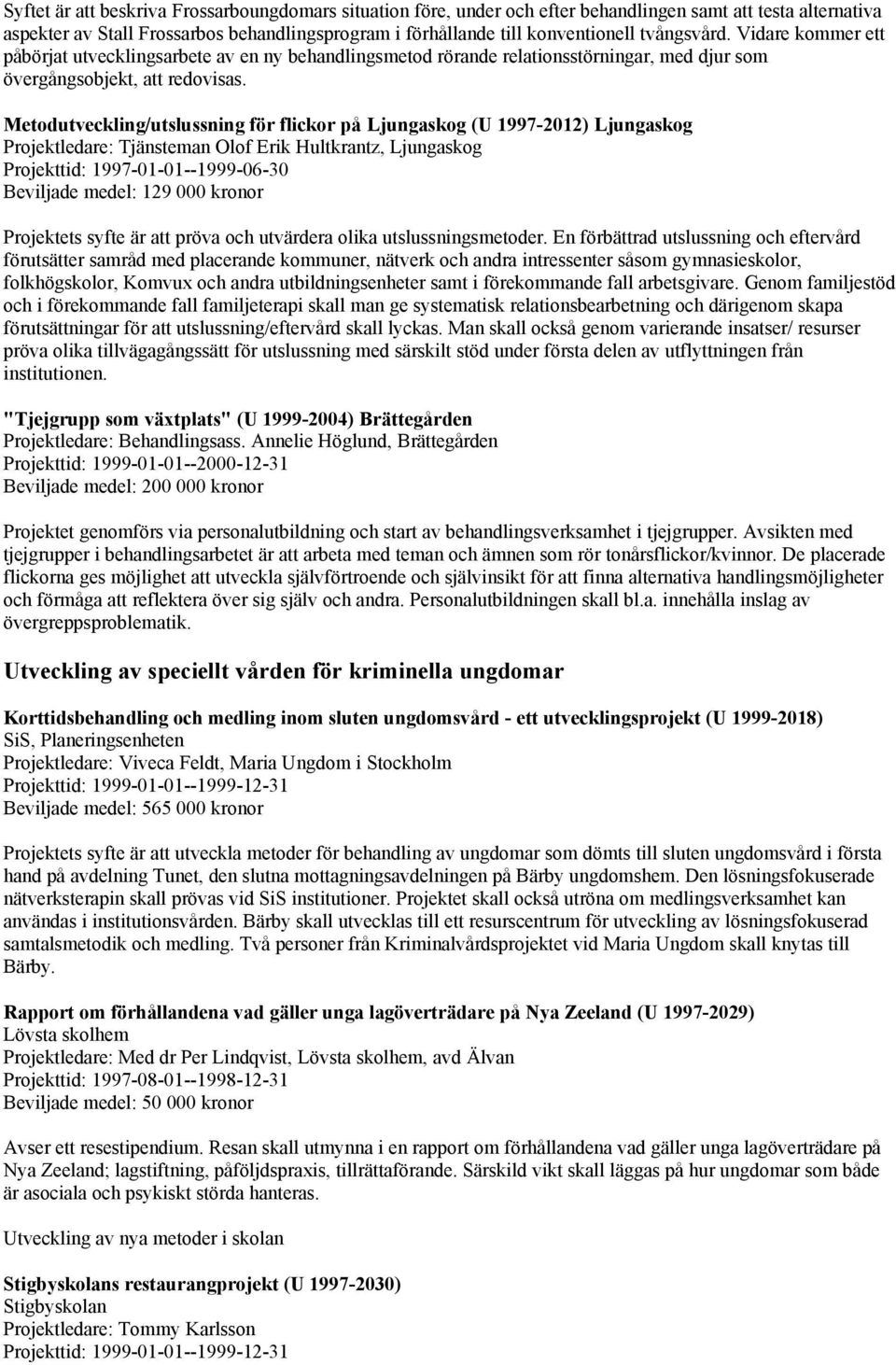 Metodutveckling/utslussning för flickor på Ljungaskog (U 1997-2012) Ljungaskog Projektledare: Tjänsteman Olof Erik Hultkrantz, Ljungaskog Projekttid: 1997-01-01--1999-06-30 Beviljade medel: 129 000