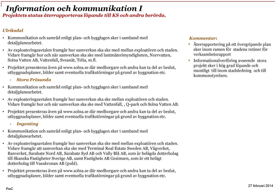 Vidare framgår hur och när samverkan ska ske med lantmäterimyndigheten, Norrvatten, Solna Vatten AB, Vattenfall, Sveanät, Telia, m.fl. Projektet presenteras även på www.solna.