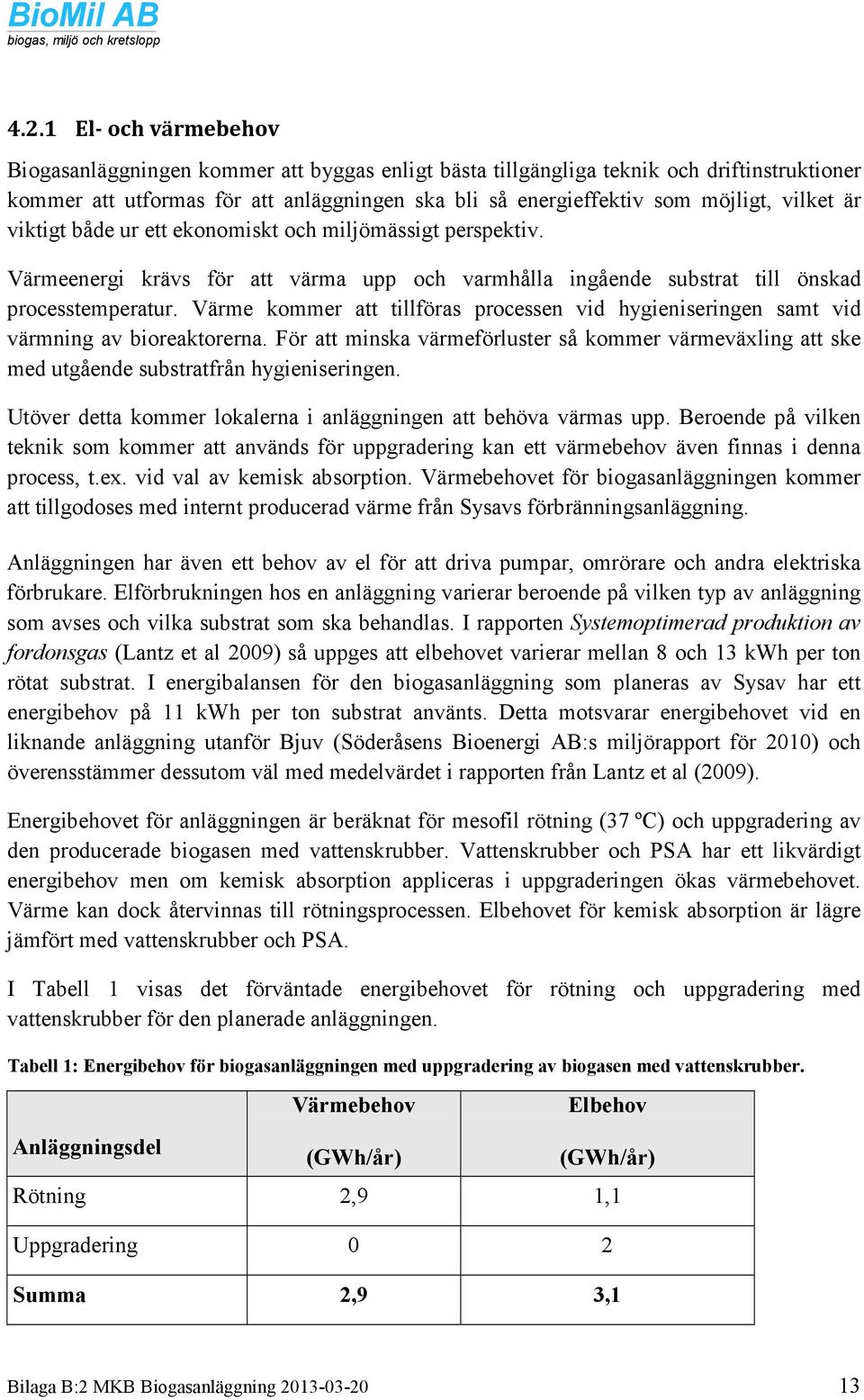 Värme kommer att tillföras processen vid hygieniseringen samt vid värmning av bioreaktorerna. För att minska värmeförluster så kommer värmeväxling att ske med utgående substratfrån hygieniseringen.