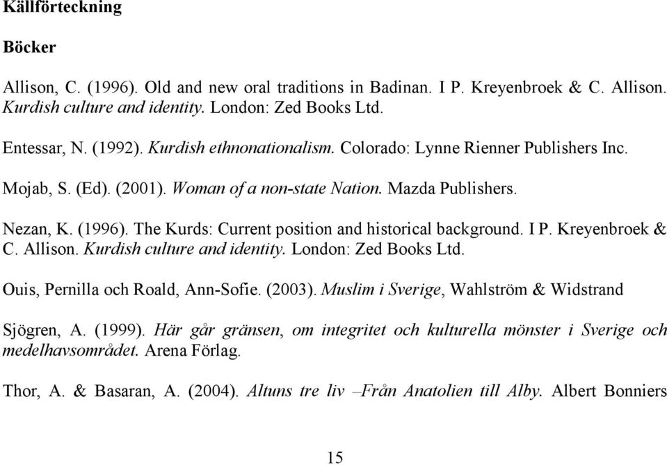 The Kurds: Current position and historical background. I P. Kreyenbroek & C. Allison. Kurdish culture and identity. London: Zed Books Ltd. Ouis, Pernilla och Roald, Ann-Sofie. (2003).