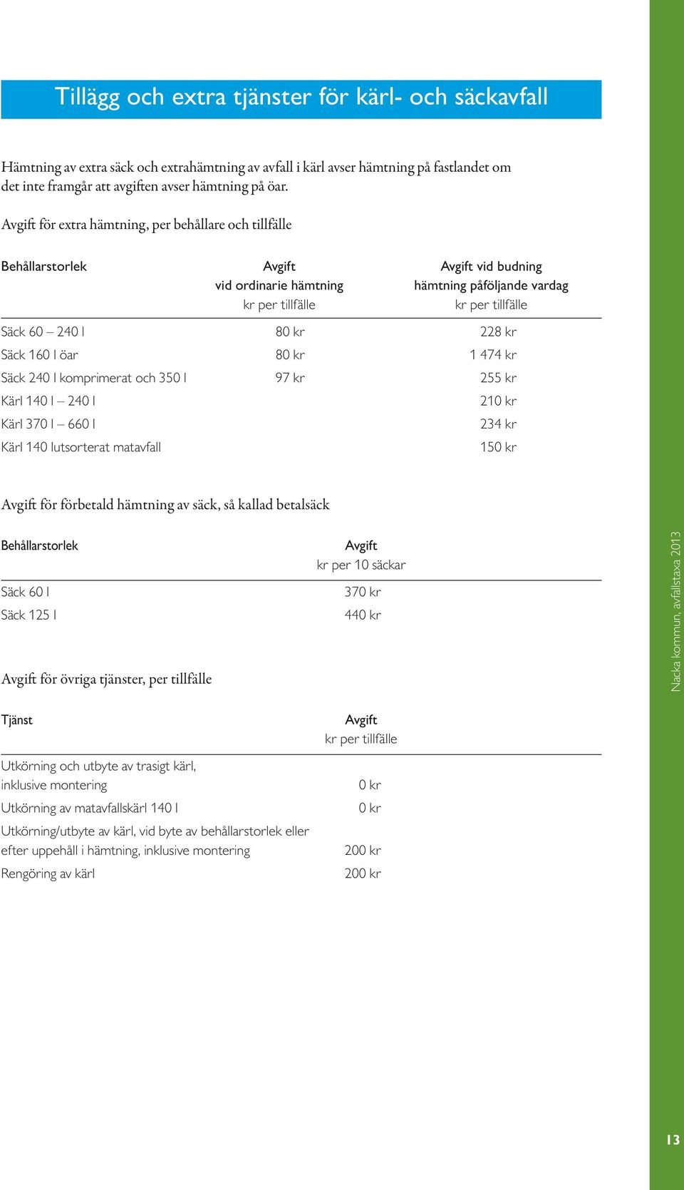 komprimerat och 350 l 97 kr 255 kr Kärl 40 l 240 l 2 0 kr Kärl 370 l 660 l 234 kr Kärl 40 lutsorterat matavfall 50 kr för förbetald hämtning av säck, så kallad betalsäck Behållarstorlek Säck 60 l