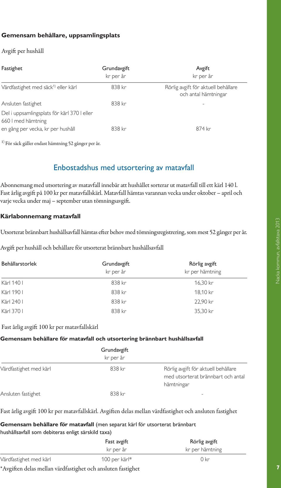 Enbostadshus med utsortering av matavfall Abonnemang med utsortering av matavfall innebär att hushållet sorterar ut matavfall till ett kärl 140 l. Fast årlig avgift på 100 kr per matavfallskärl.