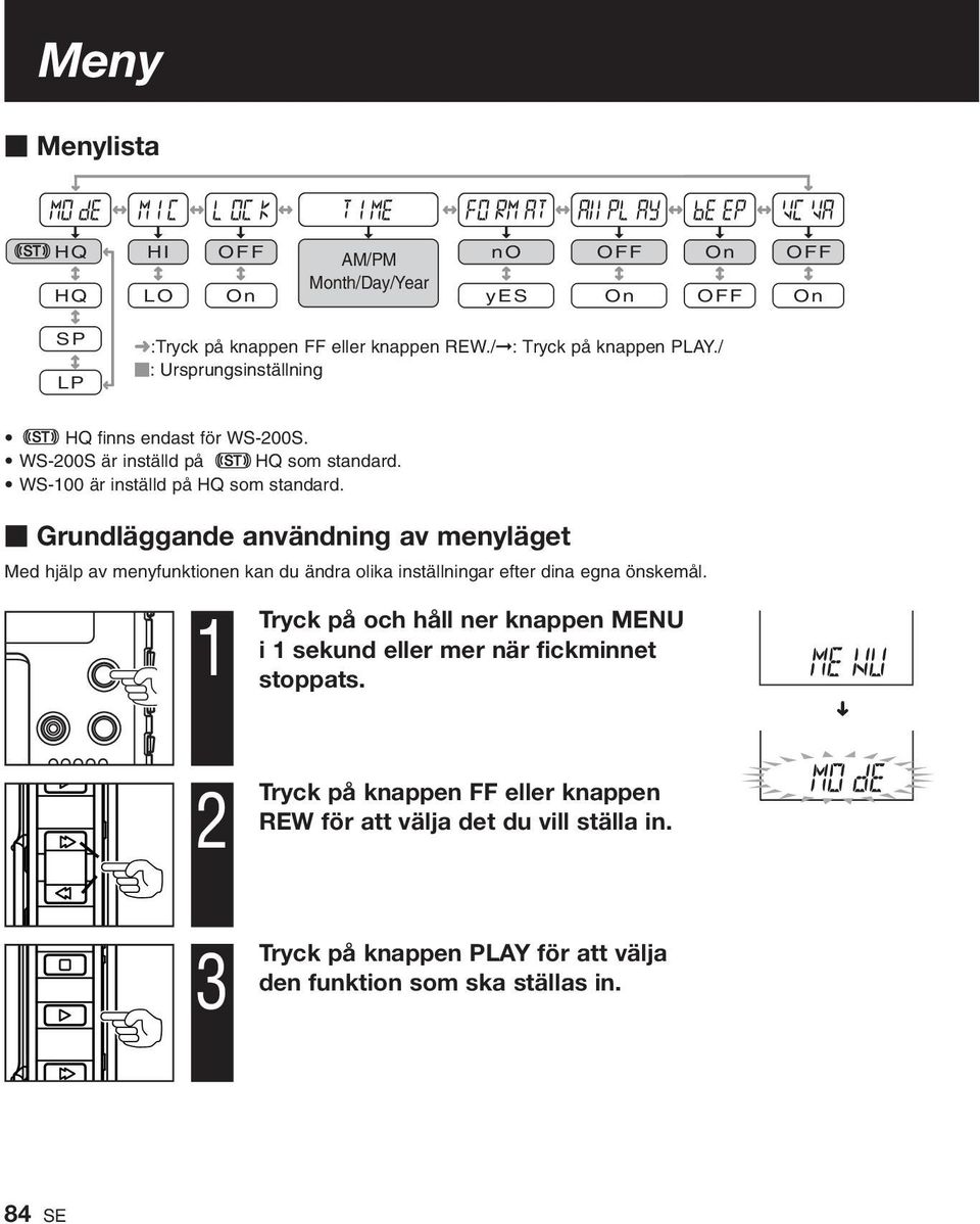 Grundläggande användning av menyläget Med hjälp av menyfunktionen kan du ändra olika inställningar efter dina egna önskemål.