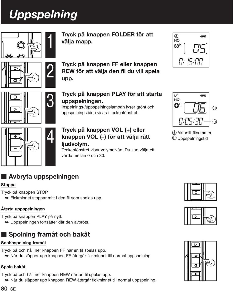 Du kan välja ett värde mellan 0 och 30. a Aktuellt filnummer b Uppspelningstid a b Avbryta uppspelningen Stoppa Tryck på knappen STOP. Fickminnet stoppar mitt i den fil som spelas upp.