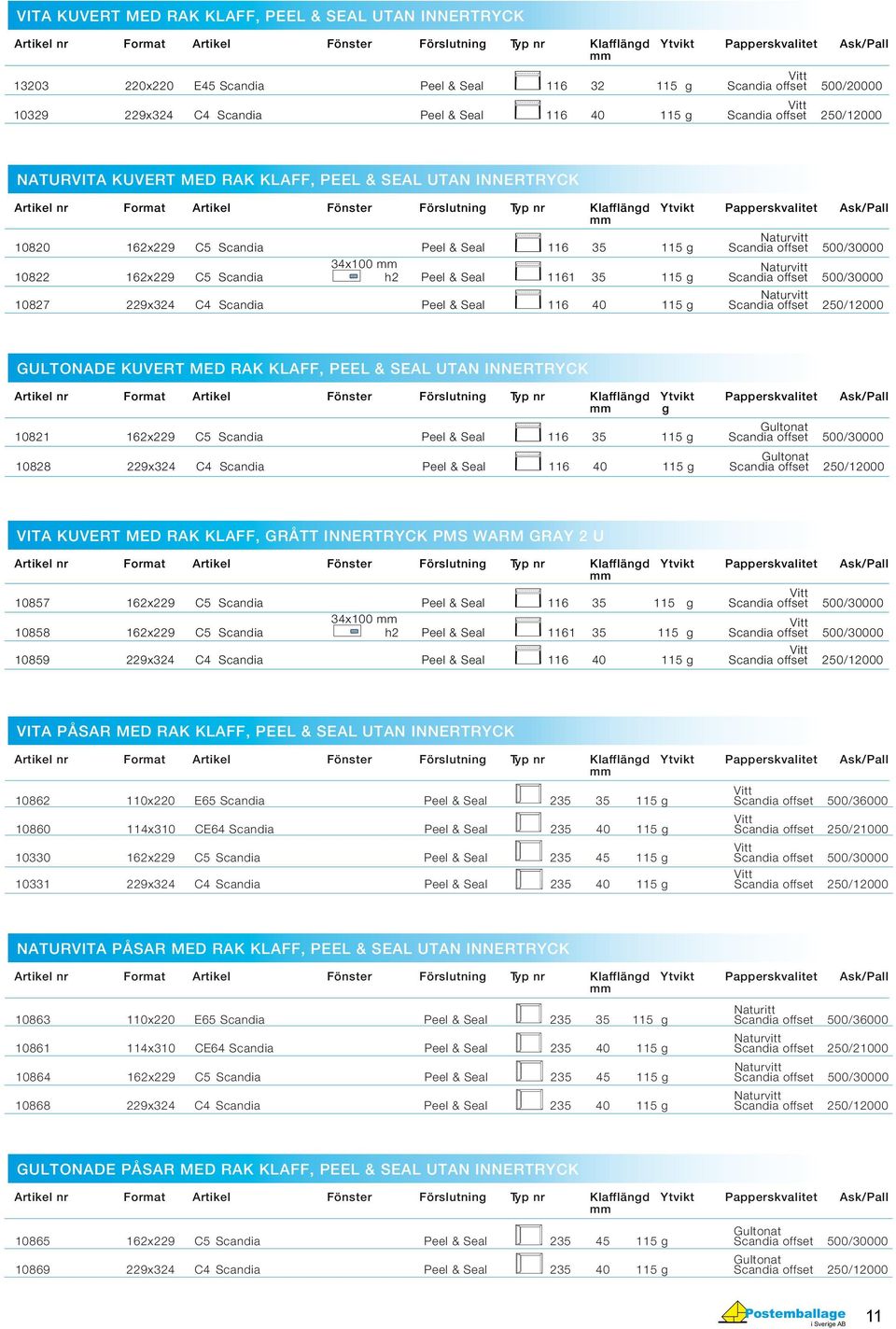 Scandia h2 Peel & Seal 1161 35 115 g Scandia offset 500/30000 Naturvitt 10827 229x324 C4 Scandia Peel & Seal 116 40 115 g Scandia offset 250/12000 GULTONADE KUVERT MED RAK KLAFF, PEEL & SEAL UTAN