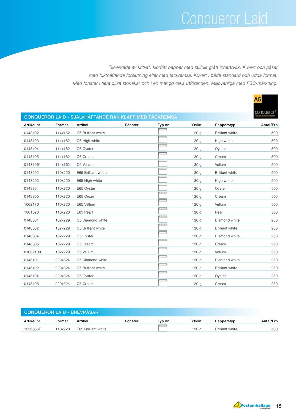CONQUEROR LAID - SJÄLVHÄFTANDE RAK KLAFF MED TÄCKREMSA Format Artikel Fönster Typ nr Ytvikt Papperstyp Antal/Frp 0148102 114x162 C6 Brilliant white 120 g Brilliant white 500 0148103 114x162 C6 High