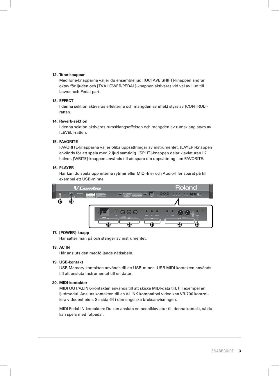 Reverb-sektion I denna sektion aktiveras rumsklangseffekten och mängden av rumsklang styrs av [LEVEL]-ratten. 15. FAVORITE FAVORITE-knapparna väljer olika uppsättningar av instrumentet.