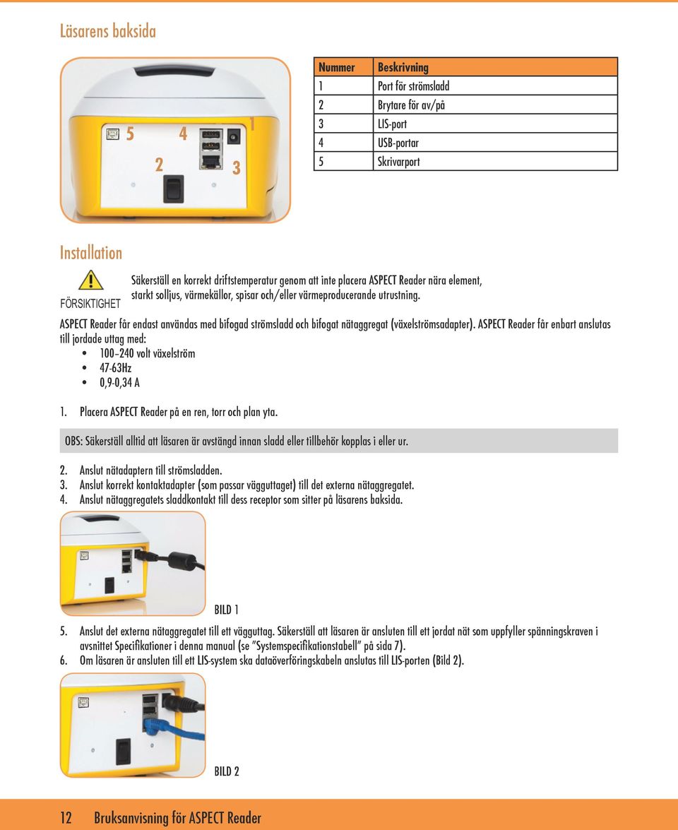 ASPECT Reader får endast användas med bifogad strömsladd och bifogat nätaggregat (växelströmsadapter).