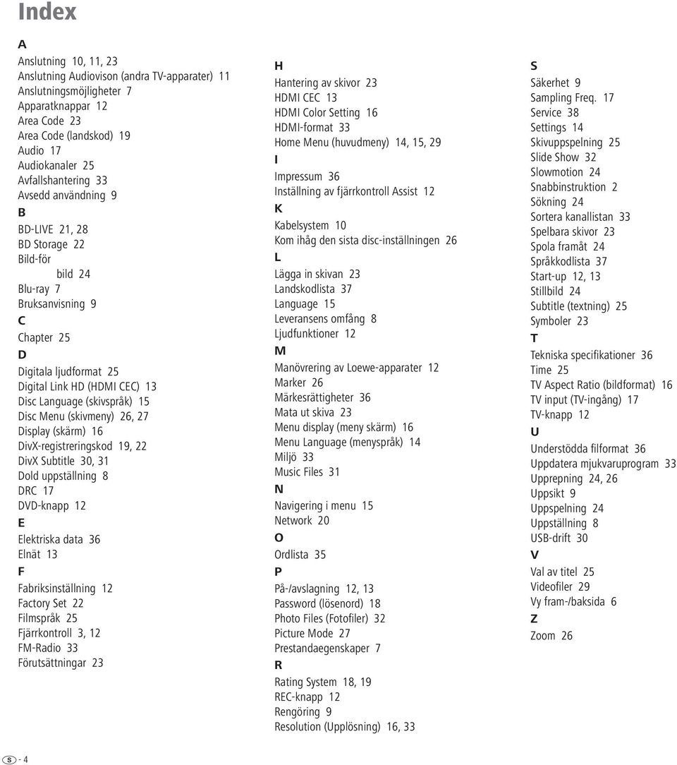 Menu (skivmeny) 26, 27 Display (skärm) 16 DivX-registreringskod 19, 22 DivX Subtitle 30, 31 Dold uppställning 8 DRC 17 DVD-knapp 12 E Elektriska data 36 Elnät 13 F Fabriksinställning 12 Factory Set