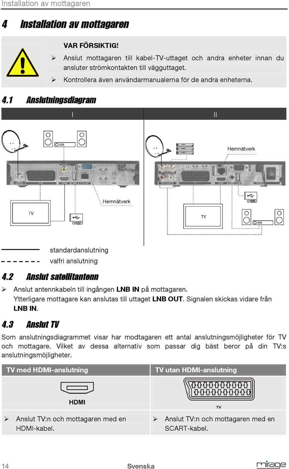 2 Anslut satellitantenn Anslut antennkabeln till ingången LNB IN på mottagaren. Ytterligare mottagare kan anslutas till uttaget LNB OUT. Signalen skickas vidare från LNB IN. 4.