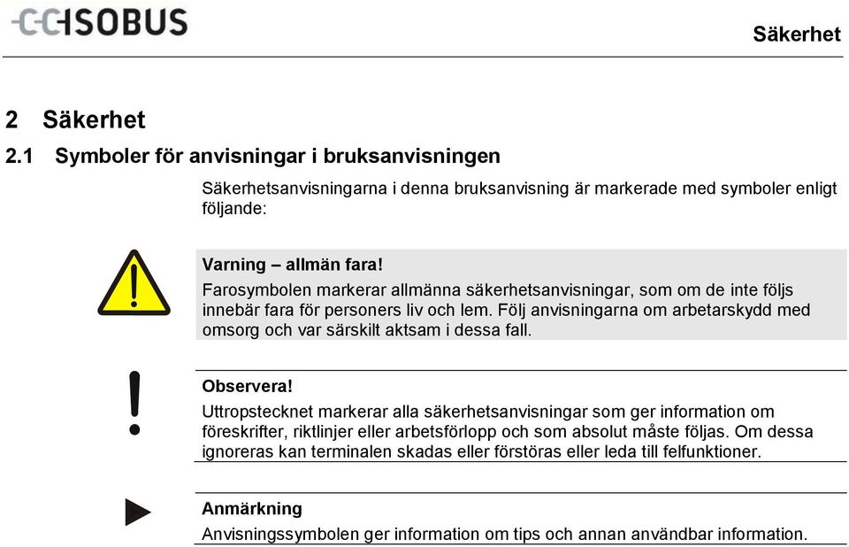 Farosymbolen markerar allmänna säkerhetsanvisningar, som om de inte följs innebär fara för personers liv och lem.