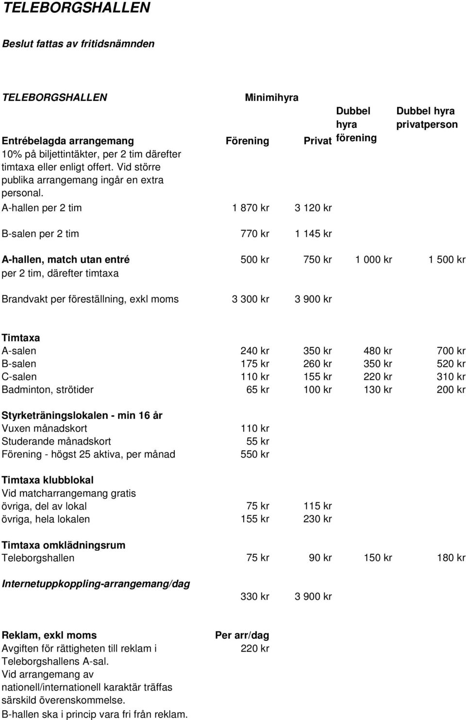 A-hallen per 2 tim 1 870 kr 3 120 kr Dubbel hyra förening Dubbel hyra privatperson B-salen per 2 tim 770 kr 1 145 kr A-hallen, match utan entré 500 kr 750 kr 1 000 kr 1 500 kr per 2 tim, därefter