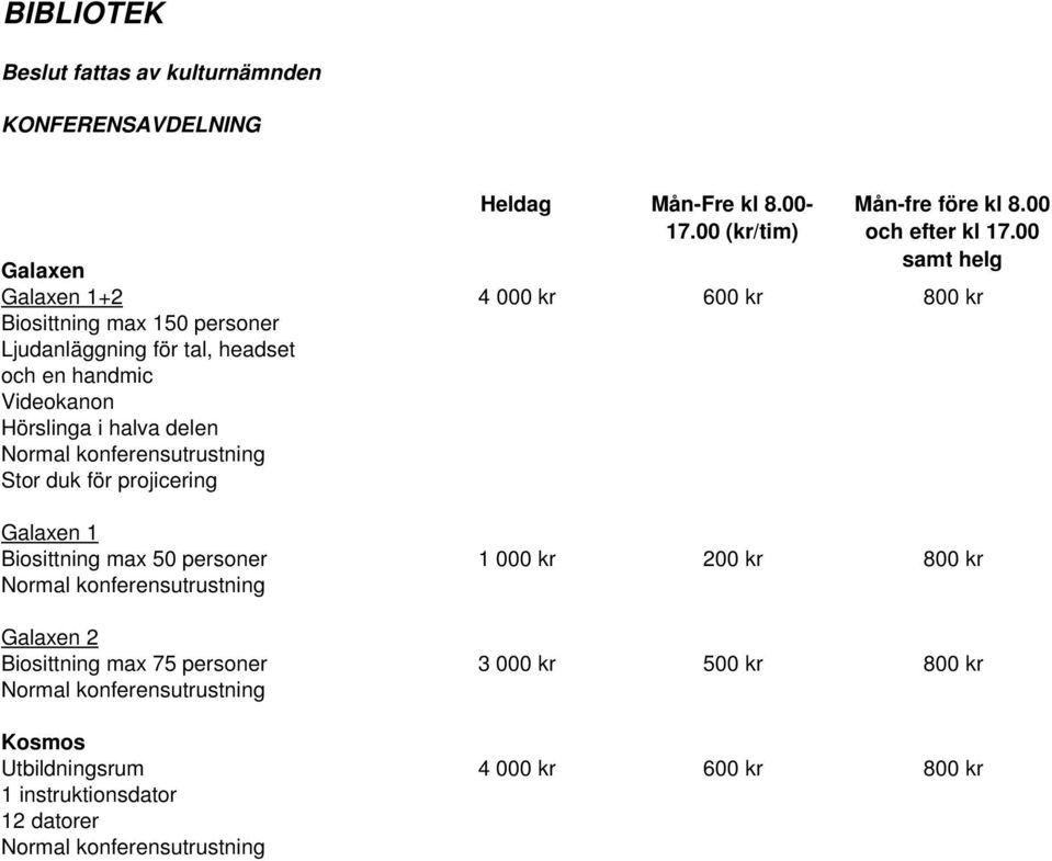 halva delen Normal konferensutrustning Stor duk för projicering Galaxen 1 Biosittning max 50 personer 1 000 kr 200 kr 800 kr Normal konferensutrustning