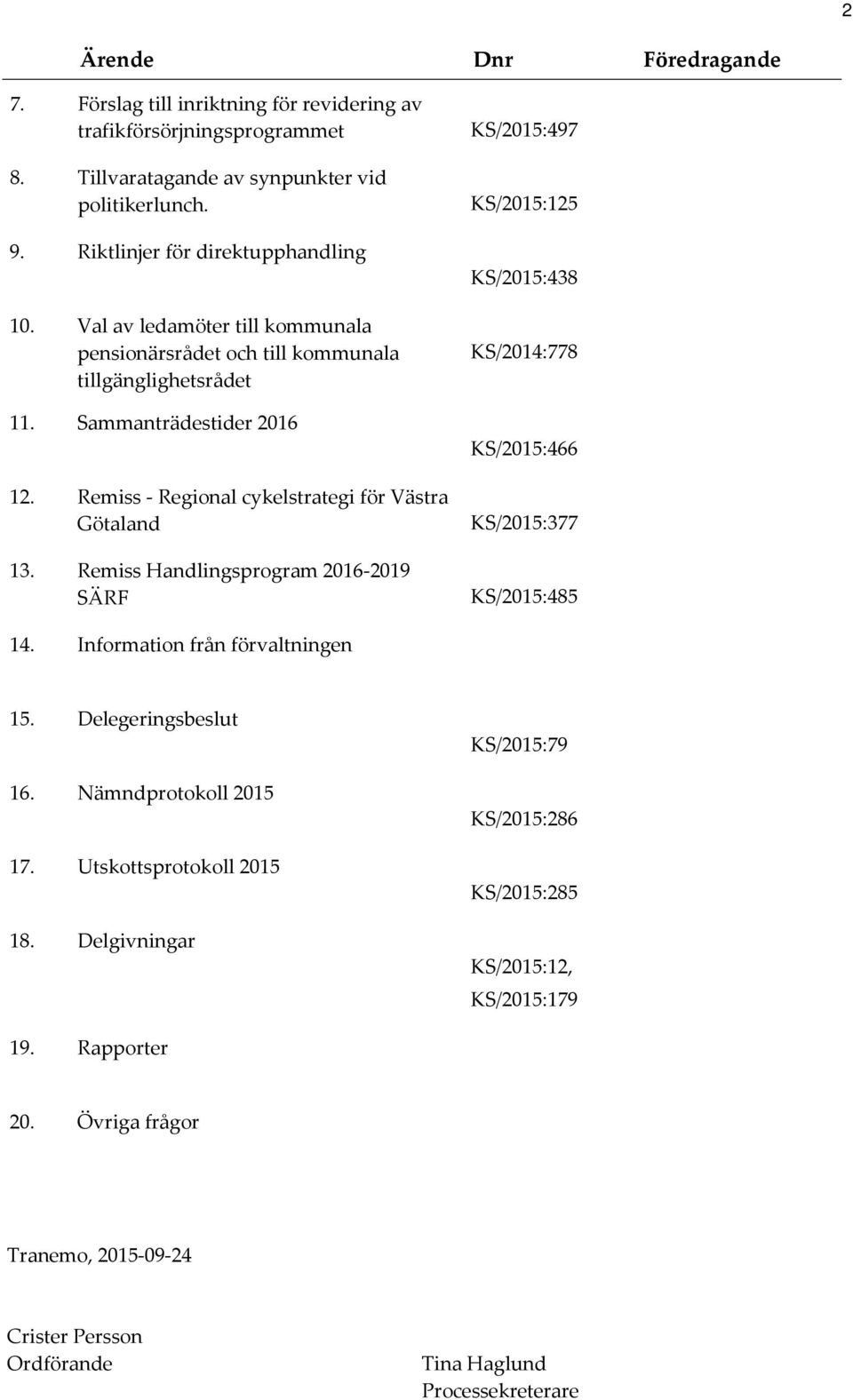 Remiss Handlingsprogram 2016-2019 SÄRF KS/2015:497 KS/2015:125 KS/2015:438 KS/2014:778 KS/2015:466 KS/2015:377 KS/2015:485 14. Information från förvaltningen 15. Delegeringsbeslut 16.