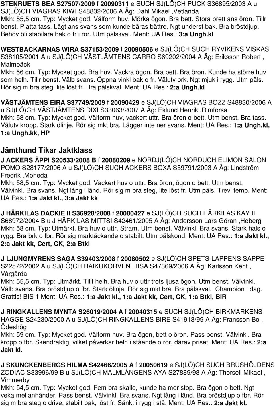 kl WESTBACKARNAS WIRA S37153/2009 f 20090506 e SJ(LÖ)CH SUCH RYVIKENS VISKAS S38105/2001 A u SJ(LÖ)CH VÄSTJÄMTENS CARRO S69202/2004 A Äg: Eriksson Robert, Malmbäck Mkh: 56 cm. Typ: Mycket god.