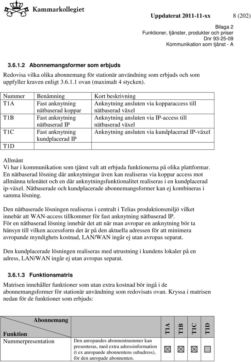 till nätbaserad växel T1C Fast anknytning Anknytning ansluten via kundplacerad IP-växel kundplacerad IP T1D Allmänt Vi har i kommunikation som tjänst valt att erbjuda funktionerna på olika