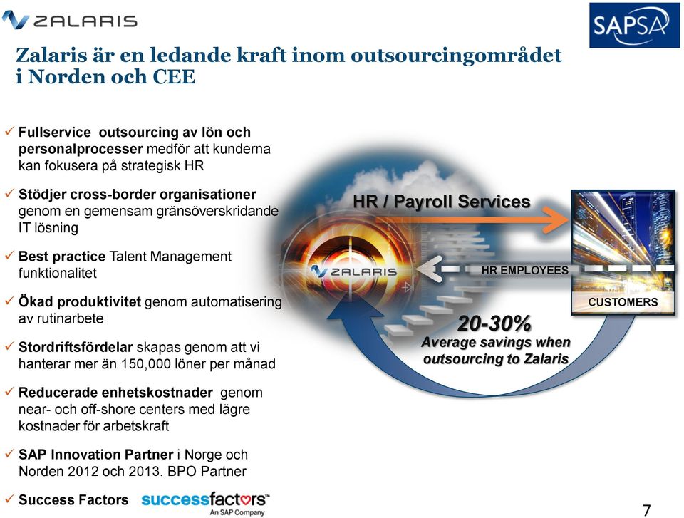 Stordriftsfördelar skapas genom att vi hanterar mer än 150,000 löner per månad Reducerade enhetskostnader genom near- och off-shore centers med lägre kostnader för arbetskraft SAP