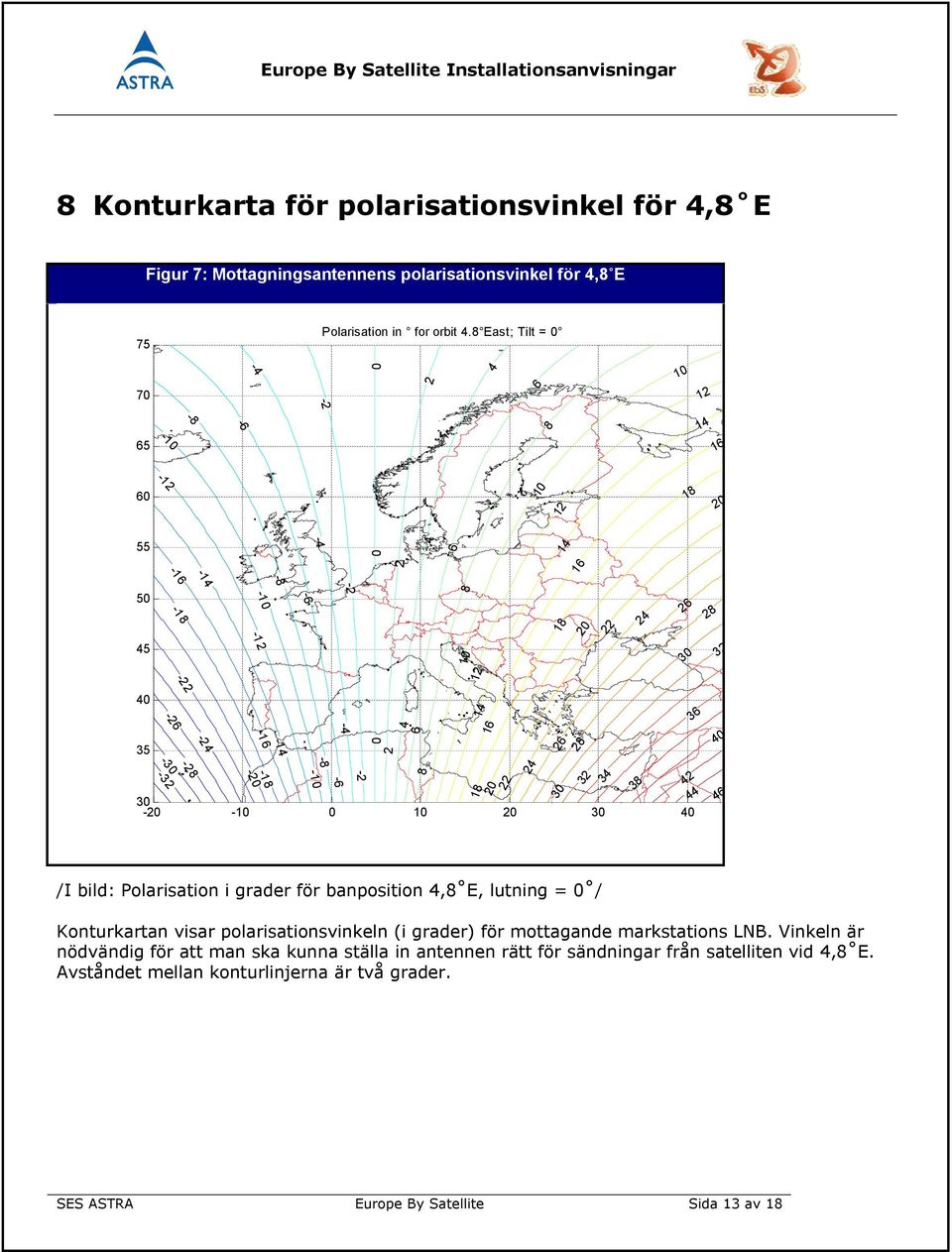 18 22 24 32 34 38 42 44 46 8 /I bild: Polarisation i grader för banposition 4,8 E, lutning = 0 / Konturkartan visar polarisationsvinkeln (i grader) för mottagande