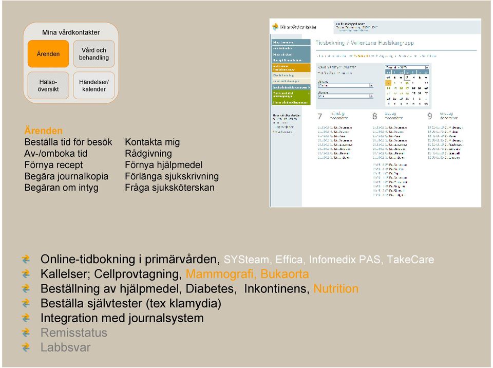 Online-tidbokning i primärvården, SYSteam, Effica, Infomedix PAS, TakeCare Kallelser; Cellprovtagning, Mammografi, Bukaorta