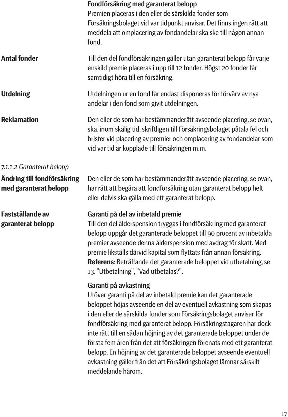 1.2 Garanterat belopp Ändring till fondförsäkring med garanterat belopp Fastställande av garanterat belopp Till den del fondförsäkringen gäller utan garanterat belopp får varje enskild premie