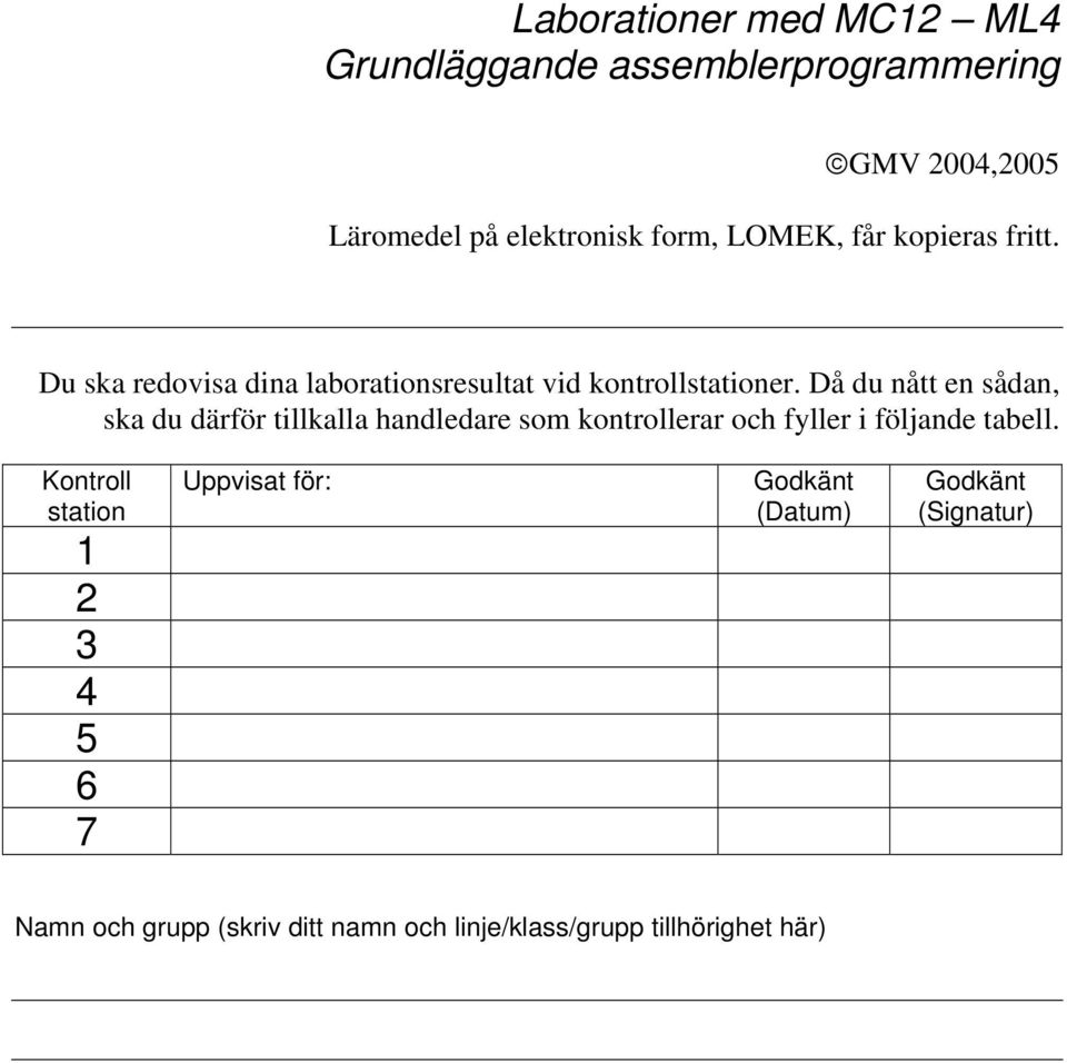 Då du nått en sådan, ska du därför tillkalla handledare som kontrollerar och fyller i följande tabell.