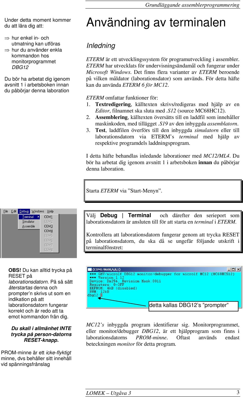 ETERM har utvecklats för undervisningsändamål och fungerar under Microsoft Windows. Det finns flera varianter av ETERM beroende på vilken måldator (laborationsdator) som används.