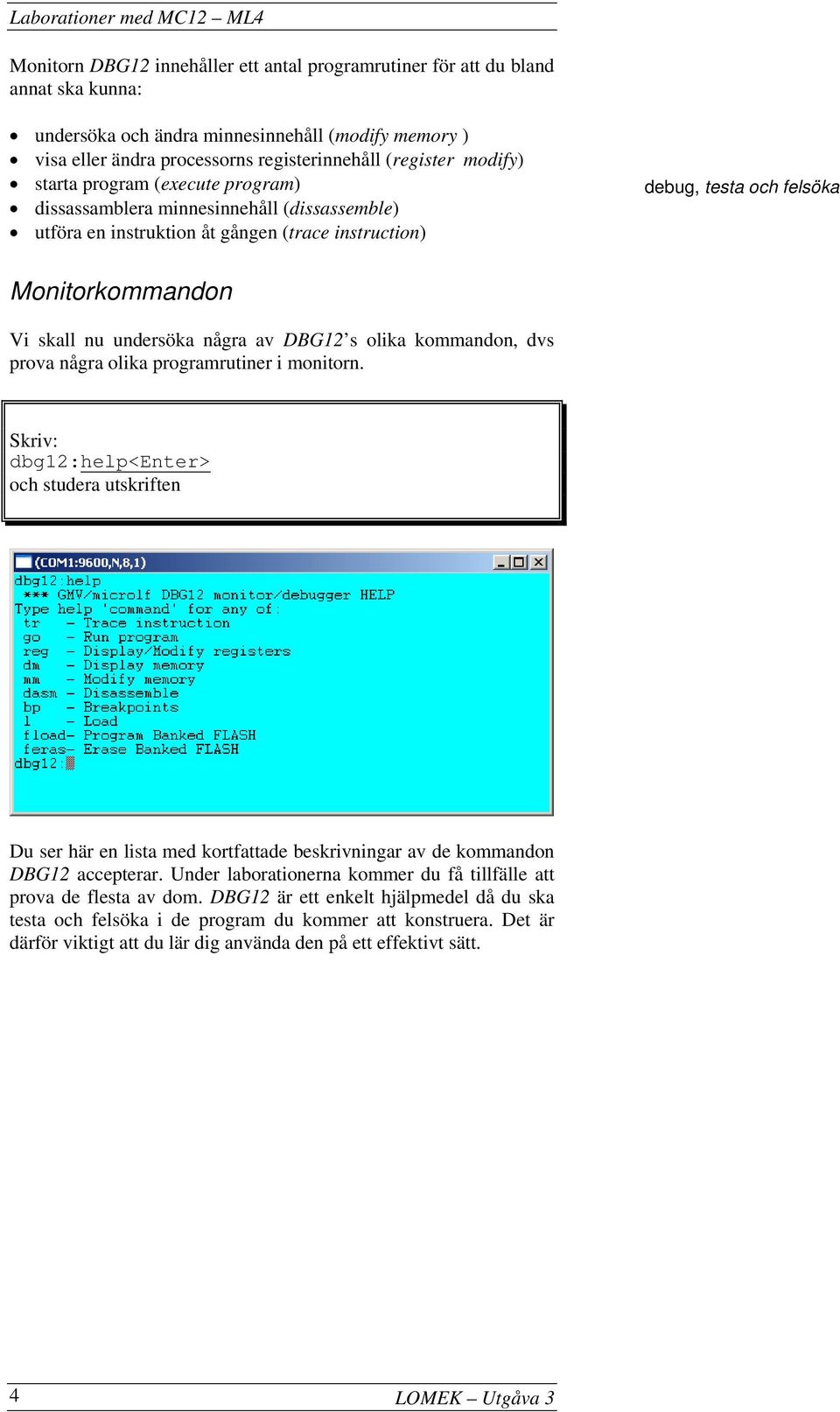 undersöka några av DBG12 s olika kommandon, dvs prova några olika programrutiner i monitorn.