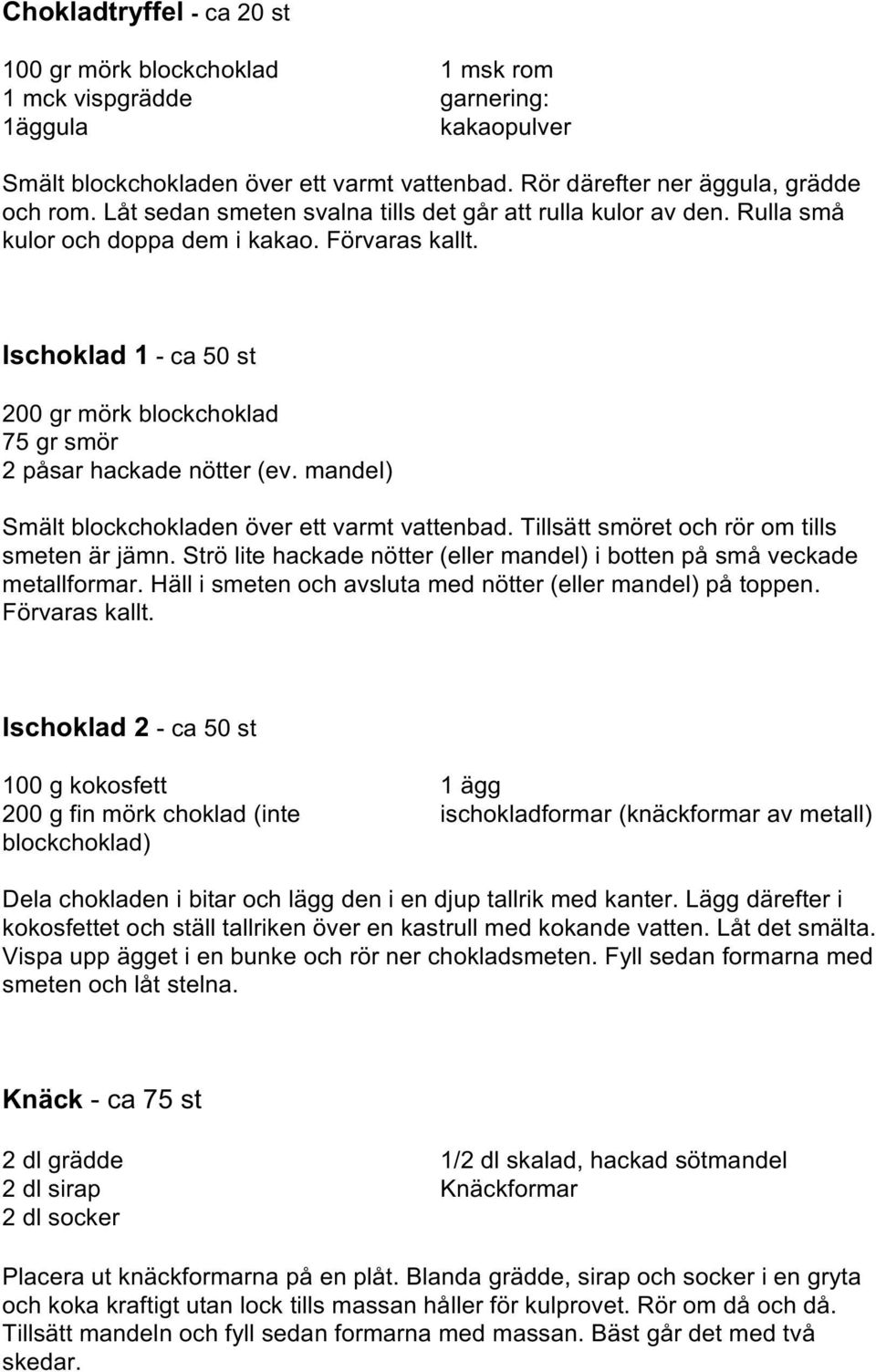 Ischoklad 1 - ca 50 st 200 gr mörk blockchoklad 75 gr smör 2 påsar hackade nötter (ev. mandel) Smält blockchokladen över ett varmt vattenbad. Tillsätt smöret och rör om tills smeten är jämn.