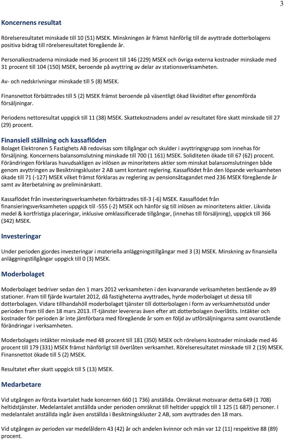 Av- och nedskrivningar minskade till 5 (8) MSEK. Finansnettot förbättrades till 5 (2) MSEK främst beroende på väsentligt ökad likviditet efter genomförda försäljningar.